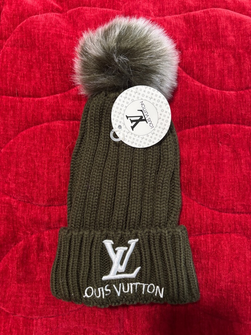 Louis Vuitton Olive Green Knit Beanie with Fur Pom